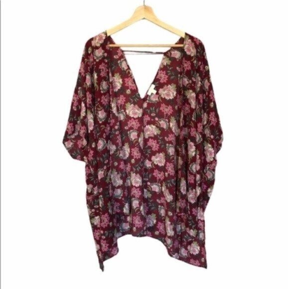 C. Wonder Red Floral Boho Short Sleeve Kimono Duster S - Picture 1 of 6